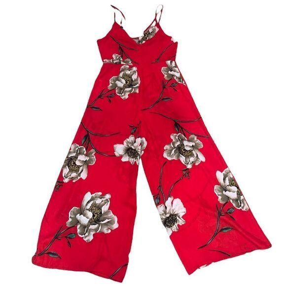 Forever 21 Magnolia Print Red Strappy Wide Leg Jumpsuit Size Medium - Picture 4 of 14